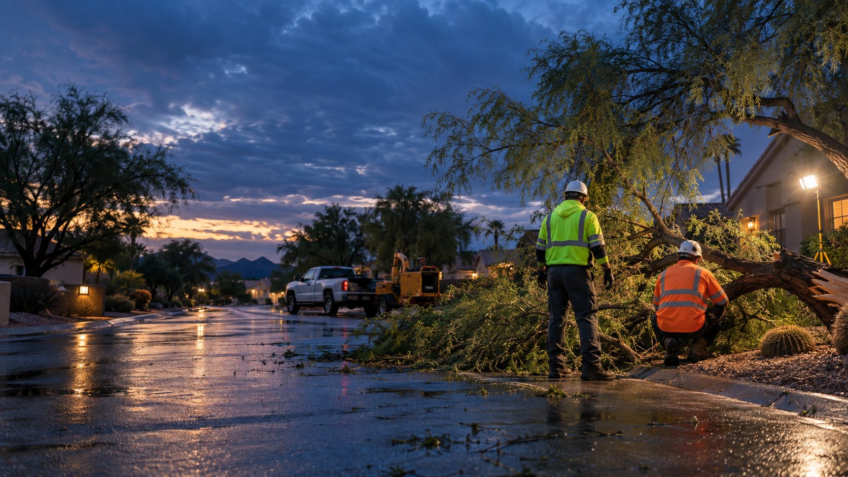 Emergency tree-service crew assessing a fallen mesquite limb after a Phoenix, Arizona monsoon