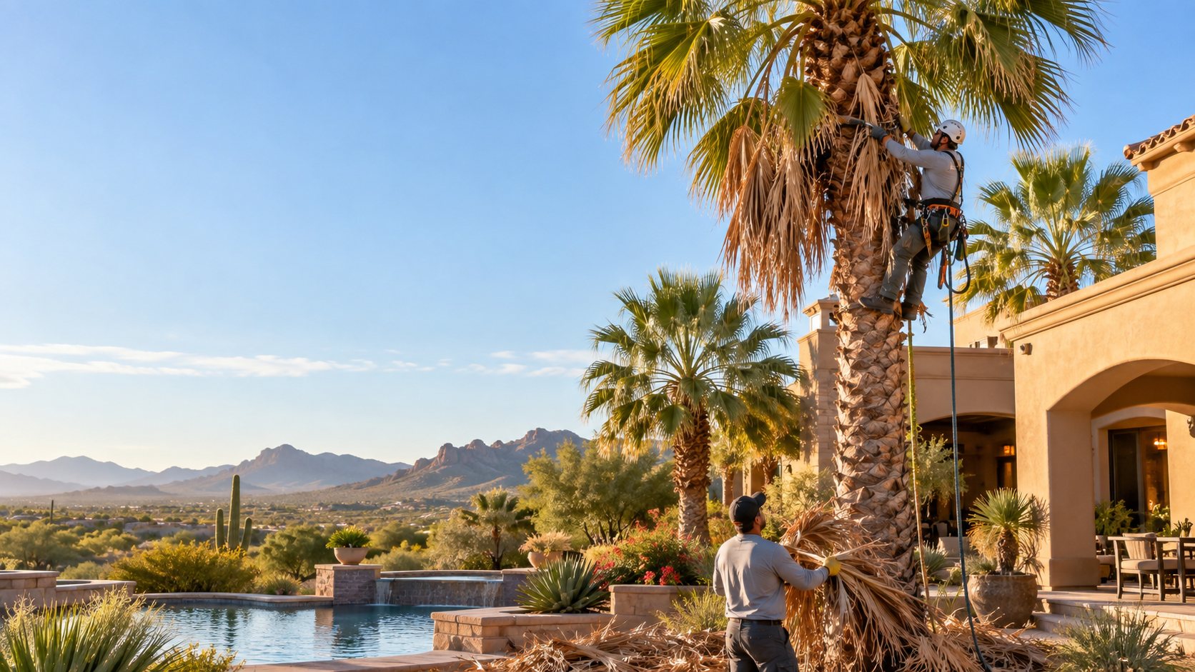 Safety-equipped arborist trimming dead fronds from a fan palm at a Phoenix, Arizona property