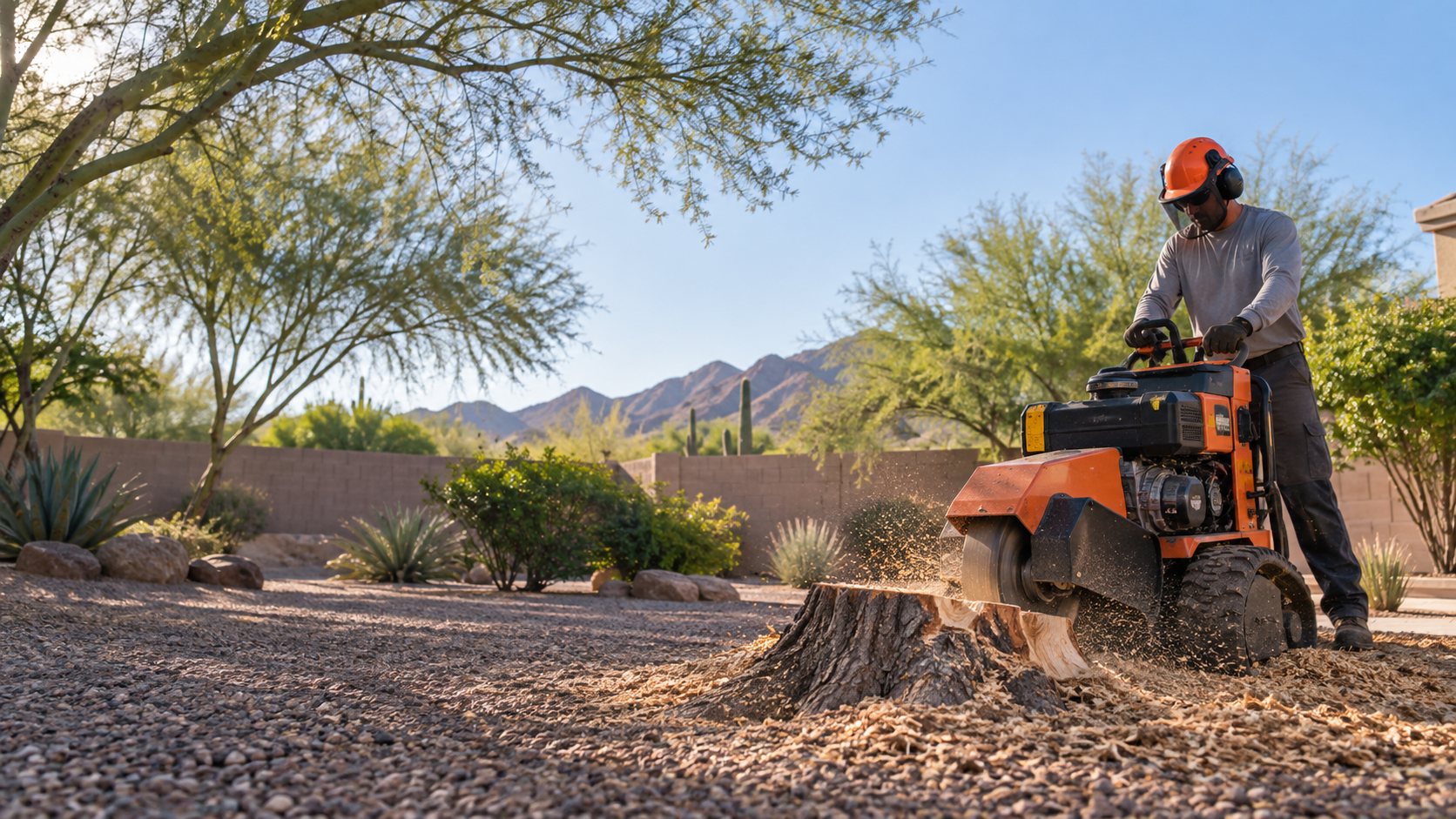 Safety-equipped arborist operating a stump grinder in a Phoenix, Arizona residential backyard