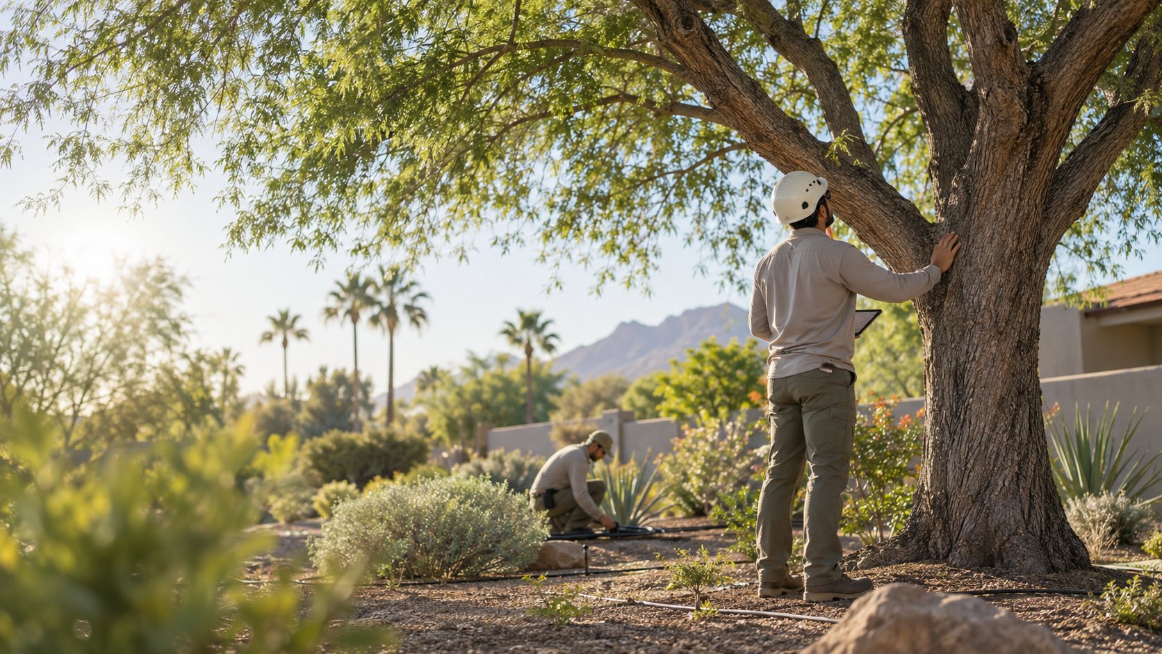 Arborist evaluating tree canopy health and root-zone irrigation at a Phoenix, Arizona property