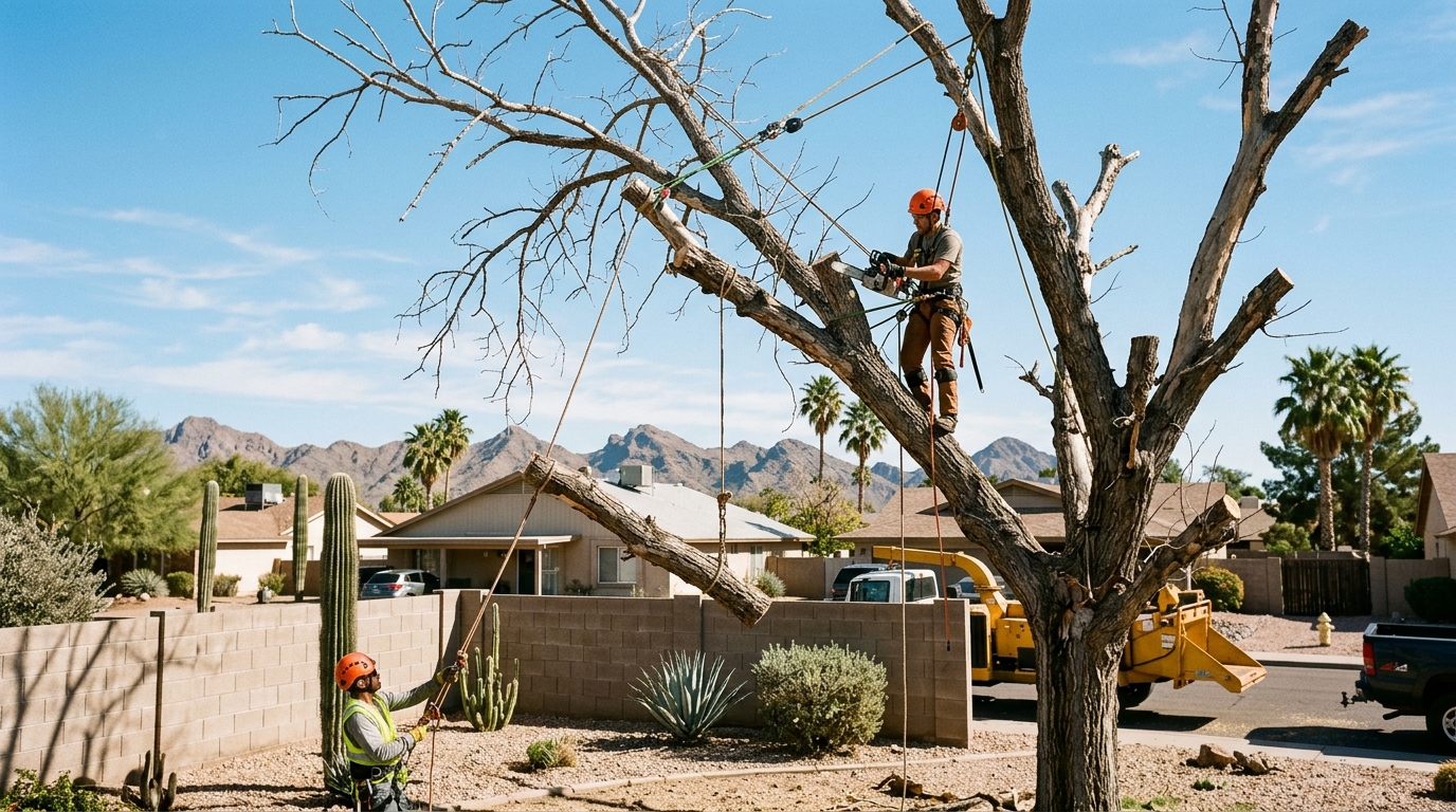 Professional tree removal with rigging and sectional dismantling at a Phoenix residential property