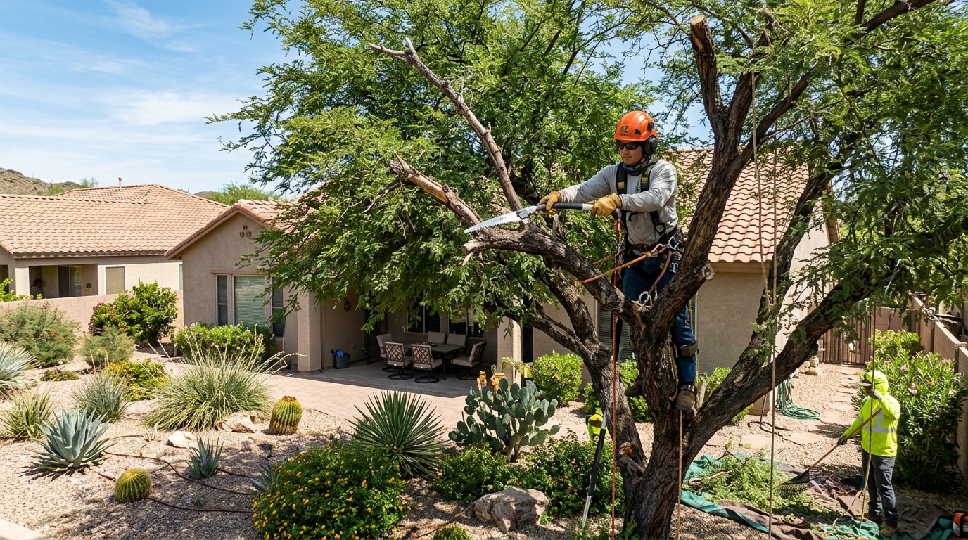 Arborist pruning dead branches from a mature mesquite tree in a Phoenix backyard